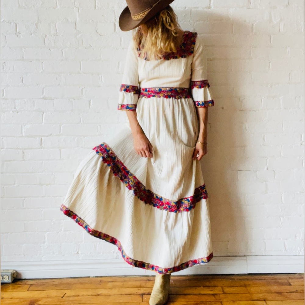 Vintage Cream Maxi Dress with Red and Purple Accents